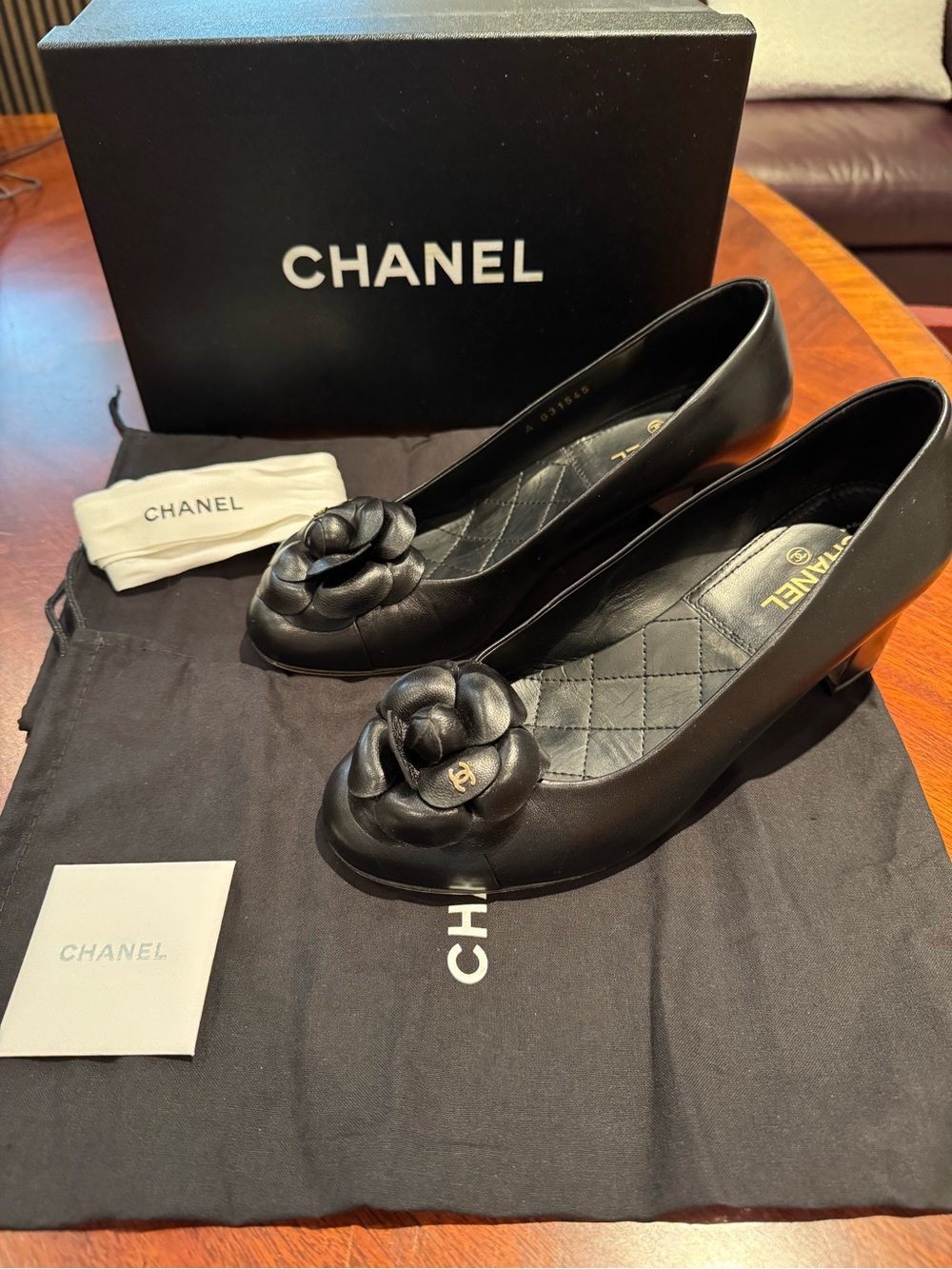 Authentic Chanel Black Leather Camellia Block Heel Pumps – Size 38C - Picture 3 of 15